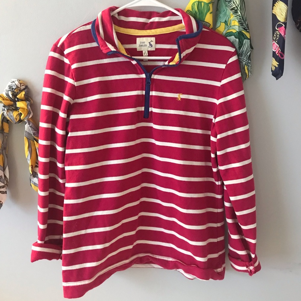 Pink and white striped quarter zip sweatshirt